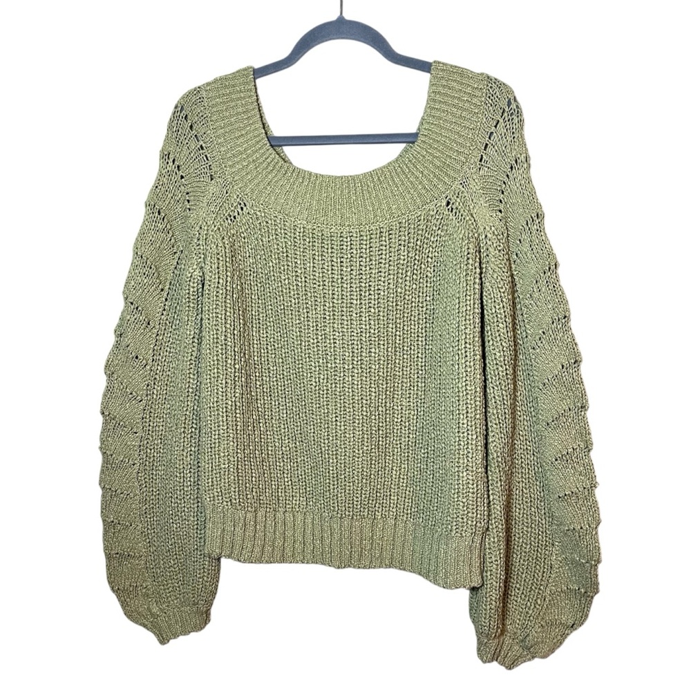 Pilcro Anthropologie Chunky Knit Balloon Sleeve Cotton Sweater Olive Green L